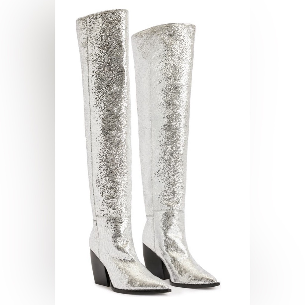 NWT Reina Over The Knee Boot in Metallic Silver